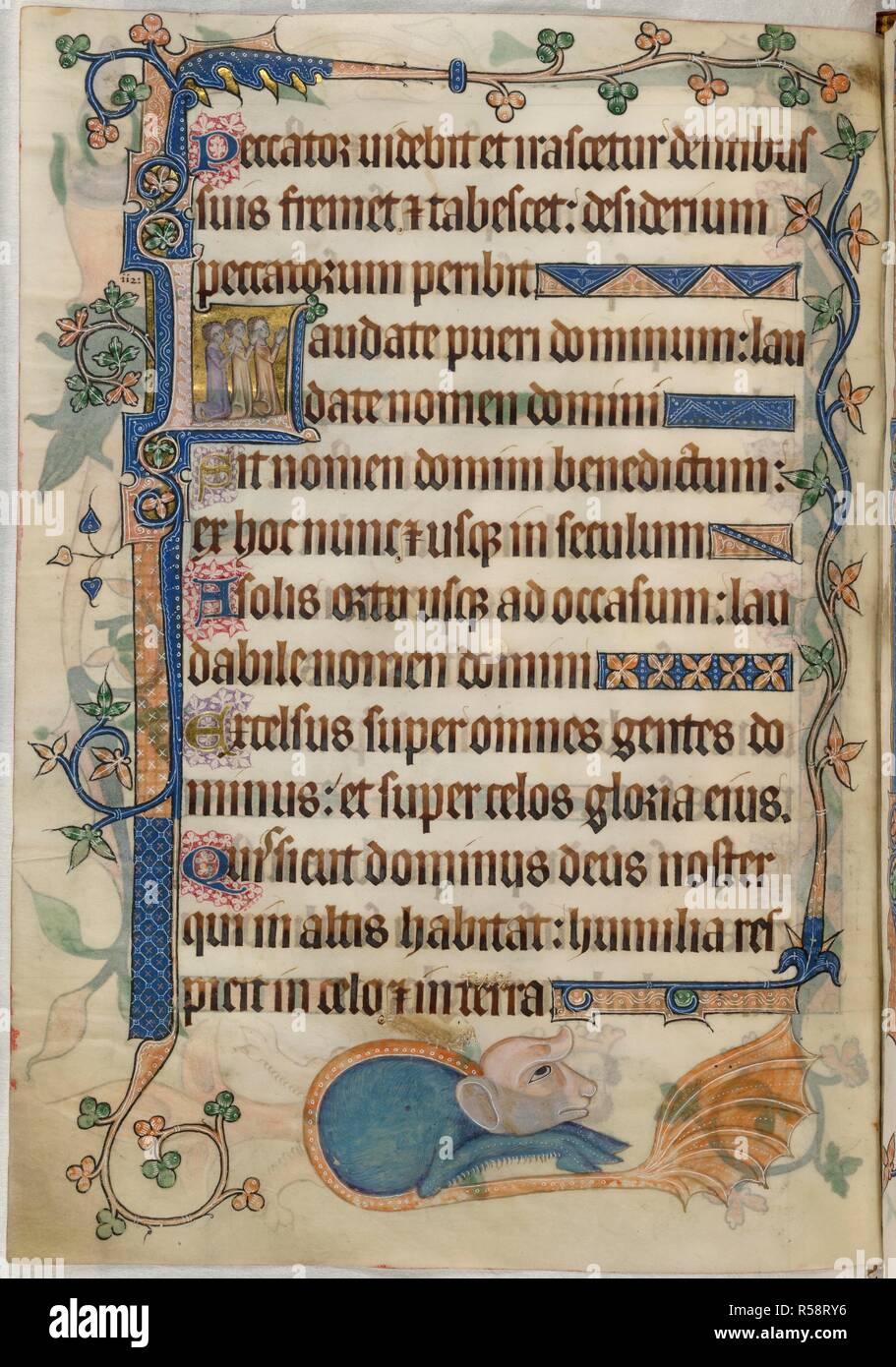 Psalm 112; grotesque. Luttrell Psalter. England [East Anglia]; circa 1325-1335. [Whole folio] End of Psalm 111. Psalm 112 beginning with initial 'L', three boys kneeling. Border decoration; in lower margin, a figure with a grotesque head and a vermillion webbed tail  Image taken from Luttrell Psalter.  Originally published/produced in England [East Anglia]; circa 1325-1335. . Source: Add. 42130, f.205v. Language: Latin. Stock Photo
