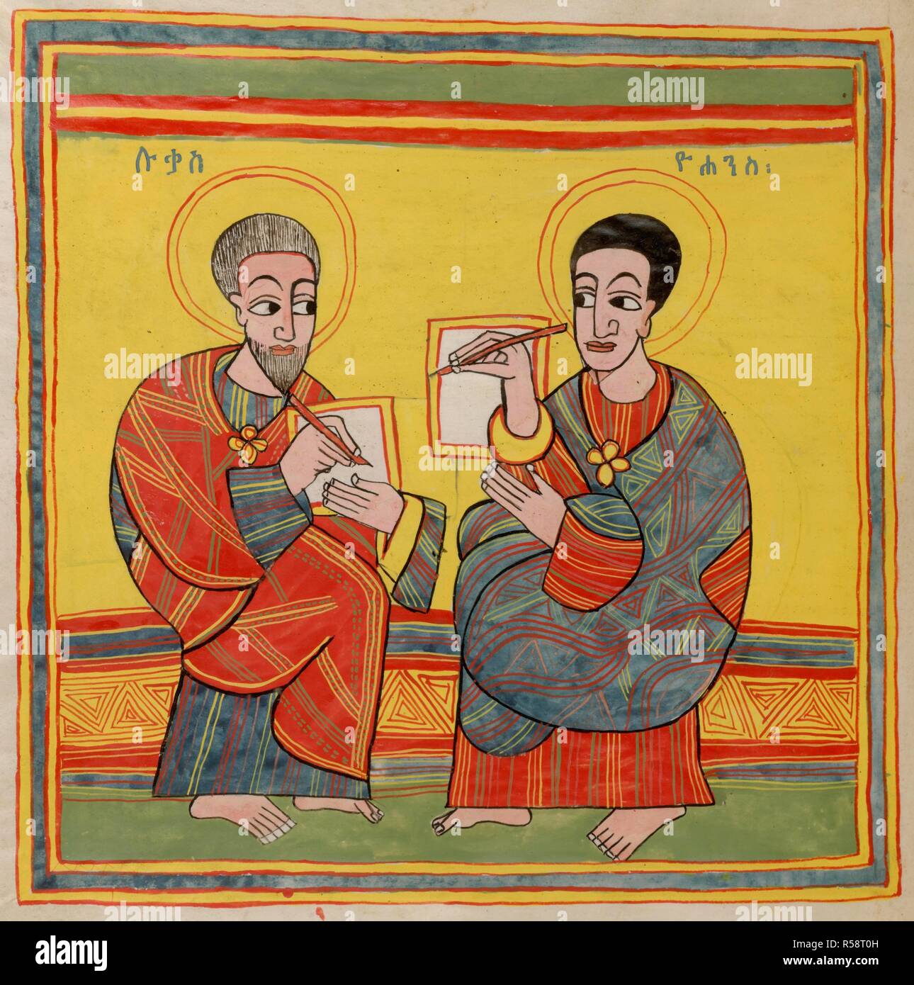 Portrait of the Evangelists Luke and John, the frontispiece to St John's Gospel. Octateuch, Four Gospels and Synodicon. Gondar, late 17th century. Source: Or. 481, f.145v. Language: Ethiopic. Stock Photo