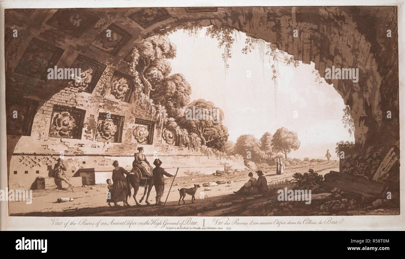 Groups of figures on a road under a coffered arch in ruins, with a landscape in the background . View of the Ruins of an Ancient Edifice on the High Ground of Baia = Vue des Ruines d'un ancien Edifice dans la Colline de Baia. [London] : Publish'd as the Act directs by P. Sandby & A. Robertson. June 1777, [June 1777]. Aquatint, etching and engraving, printed in sepia. Source: Maps 7.Tab.60, plate 5. Language: English and French. Stock Photo