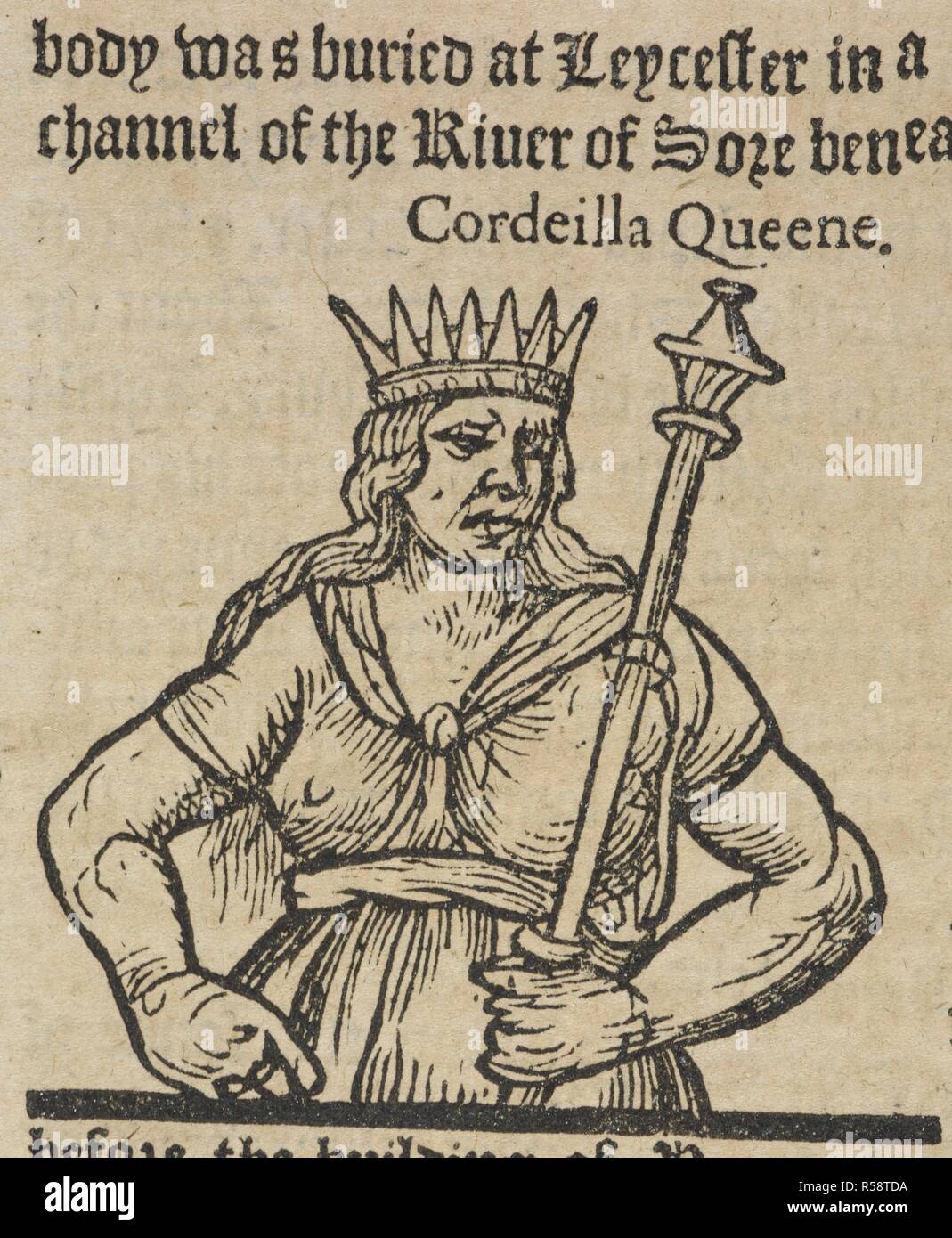 Cordeilla queene.  Woodcut portrait showing Cordeilla wearing the crown and holding a scepter of kingship.  Queen Cordelia was a legendary Queen of the Britons, as recounted by Geoffrey of Monmouth. . The firste volume of the chronicles of England, Scotlande, and Irelande, conteyning the description and chronicles of England, from the first inhabiting unto the Conquest. The description and chronicles of Scotland, from the first originall of the Scottes nation, till the yeare 1571. The description and chronicles of Yrelande, from the firste originall, untill the yeare 1547. (The laste volume .. Stock Photo