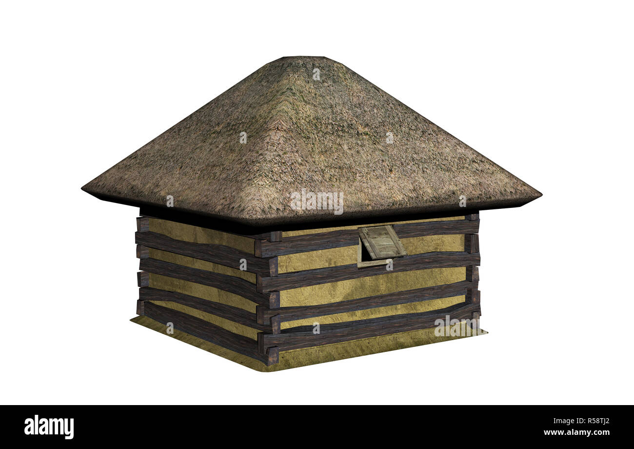wooden hut with thatched roof isolated Stock Photo