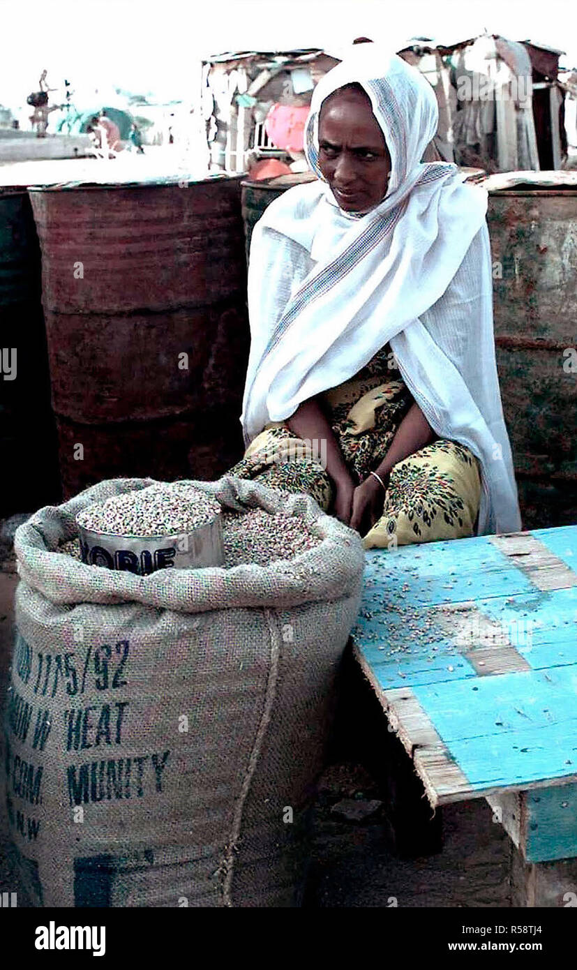 A Somali woman sits facing the camera and behind a table waiting to pass out grain to residents of her feeding center in Mogadishu, Somalia.  It is one of 35 sites that had food deliveries escorted by coalition forces.  This mission is in direct support of Operation Restore Hope. Stock Photo