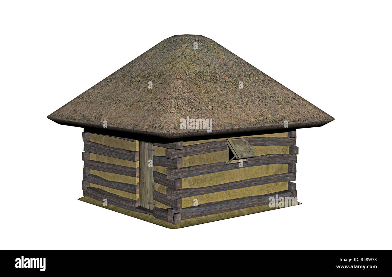 wooden hut with thatched roof isolated Stock Photo