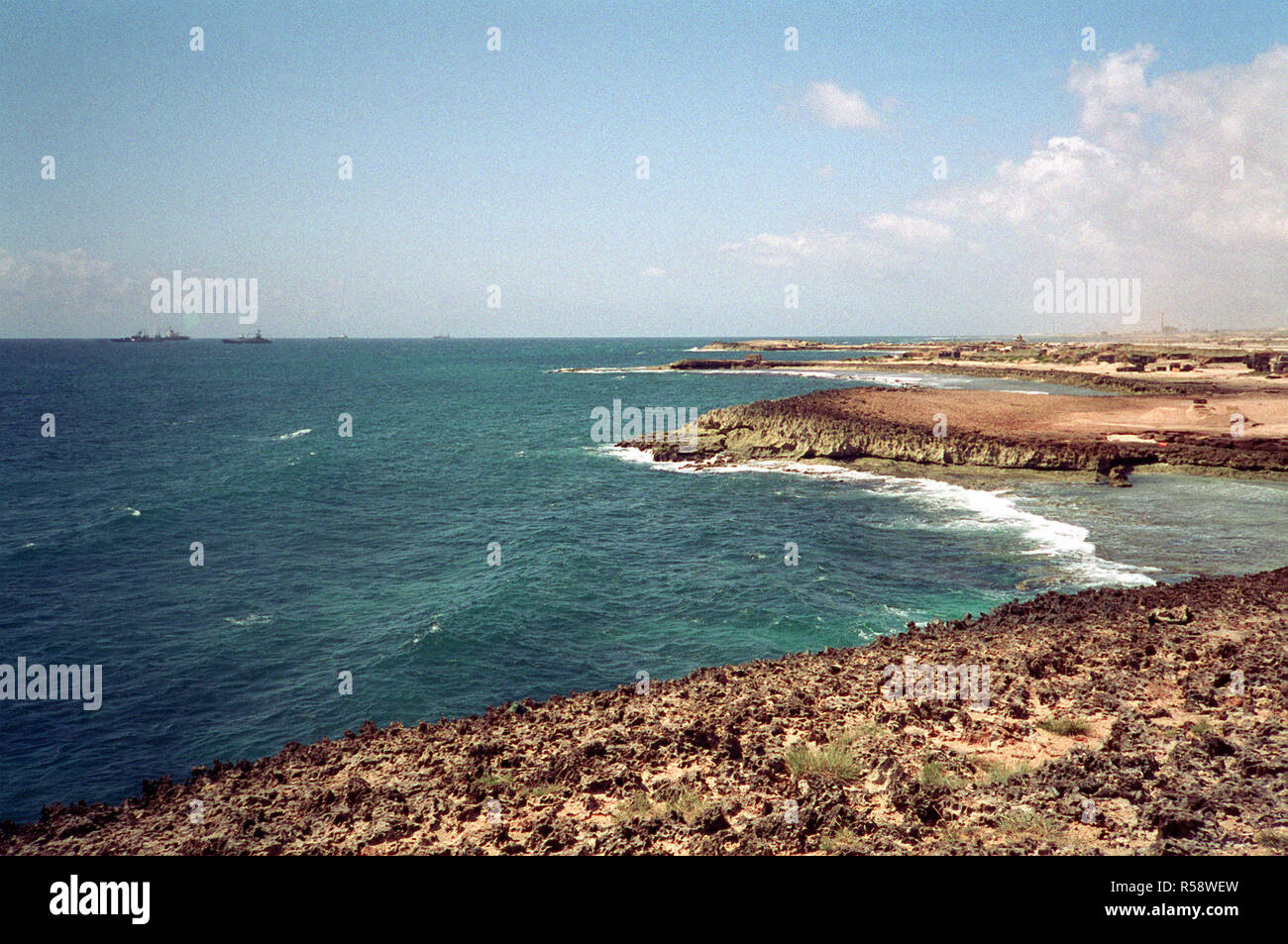 1993 - A view of the coastline near a base camp of Naval Mobile Construction Battalion (NMCB-1).  The unit in the region during Operation Restore Hope relief efforts. Stock Photo