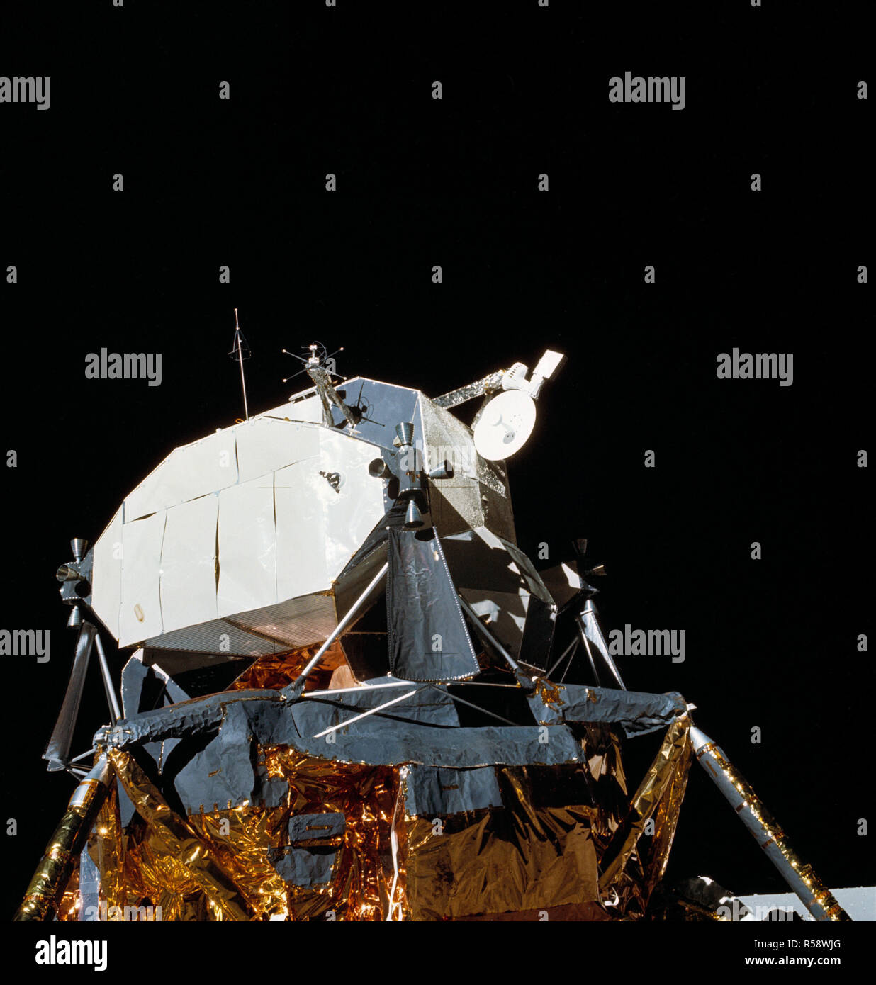 (21 April 1972) --- View of the Lunar Module (LM) "Orion" parked on the lunar surface. During their post mission press conference, the Apollo 16 crewmembers called attention to the steerable S-band antenna, which was "frozen" in a yaw axis during much of the flight. Stock Photo