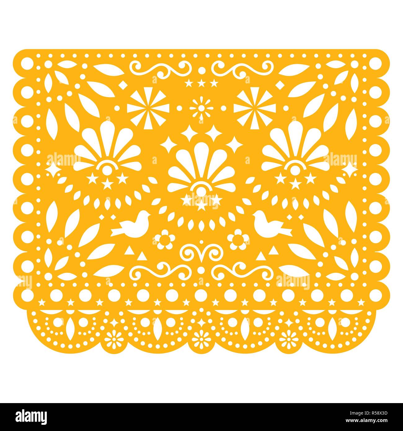 Papel Picado vector floral design with birds, Mexican paper decorations template in yellow, traditional fiesta banner Stock Vector