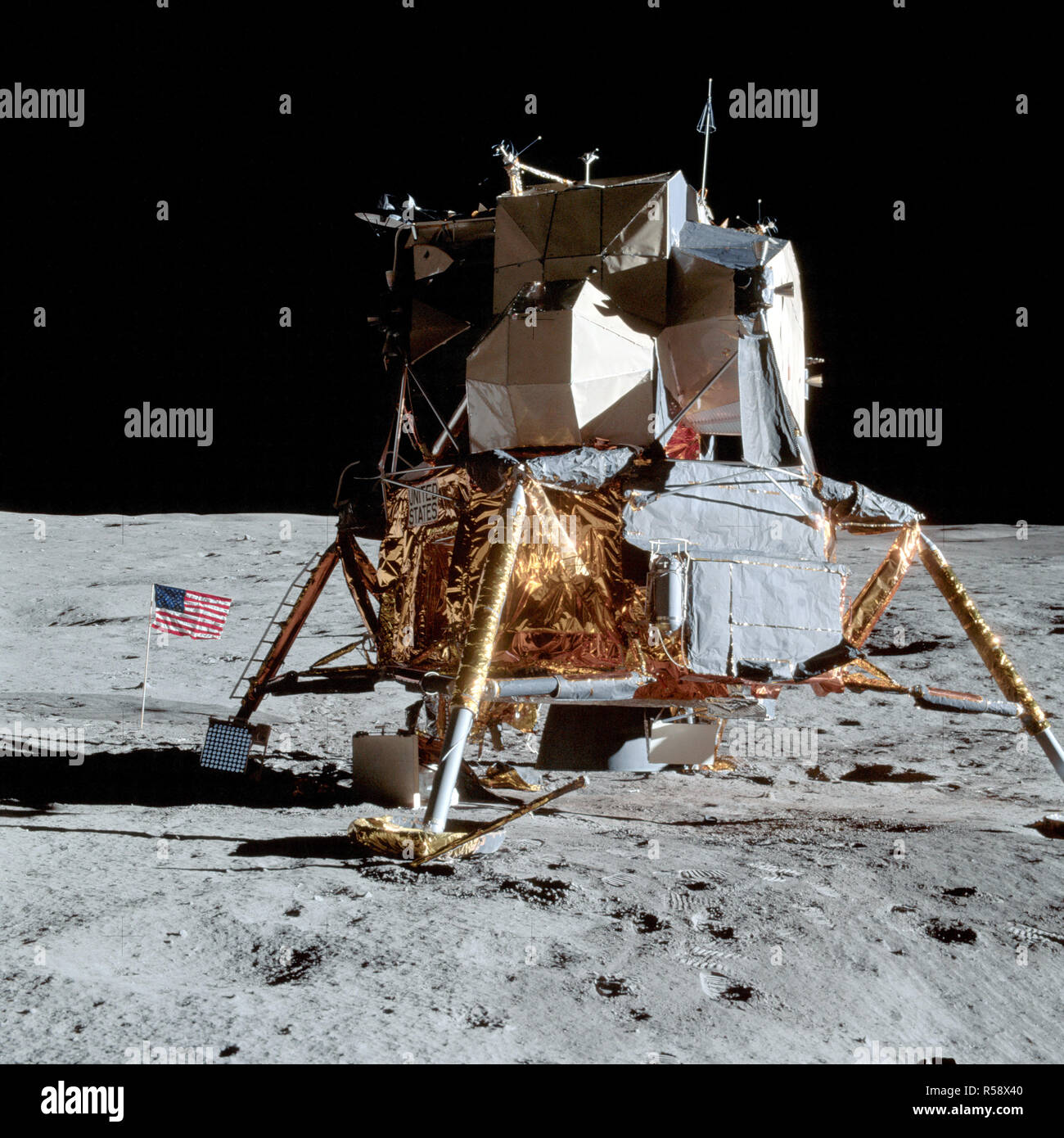 (5 Feb. 1971) --- An excellent view of the Apollo 14 Lunar Module (LM) on the moon, as photographed during the first Apollo 14 extravehicular activity (EVA) on the lunar surface. Stock Photo