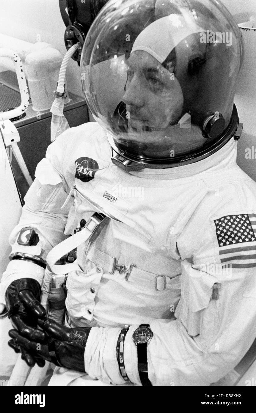 S70-34687 (11 April 1970) --- Astronaut John L. Swigert Jr., command module pilot for the Apollo 13 mission, has just suited up in the Kennedy Space Center's (KSC) Manned Spacecraft Operations Building during the Apollo 13 prelaunch countdown. Stock Photo