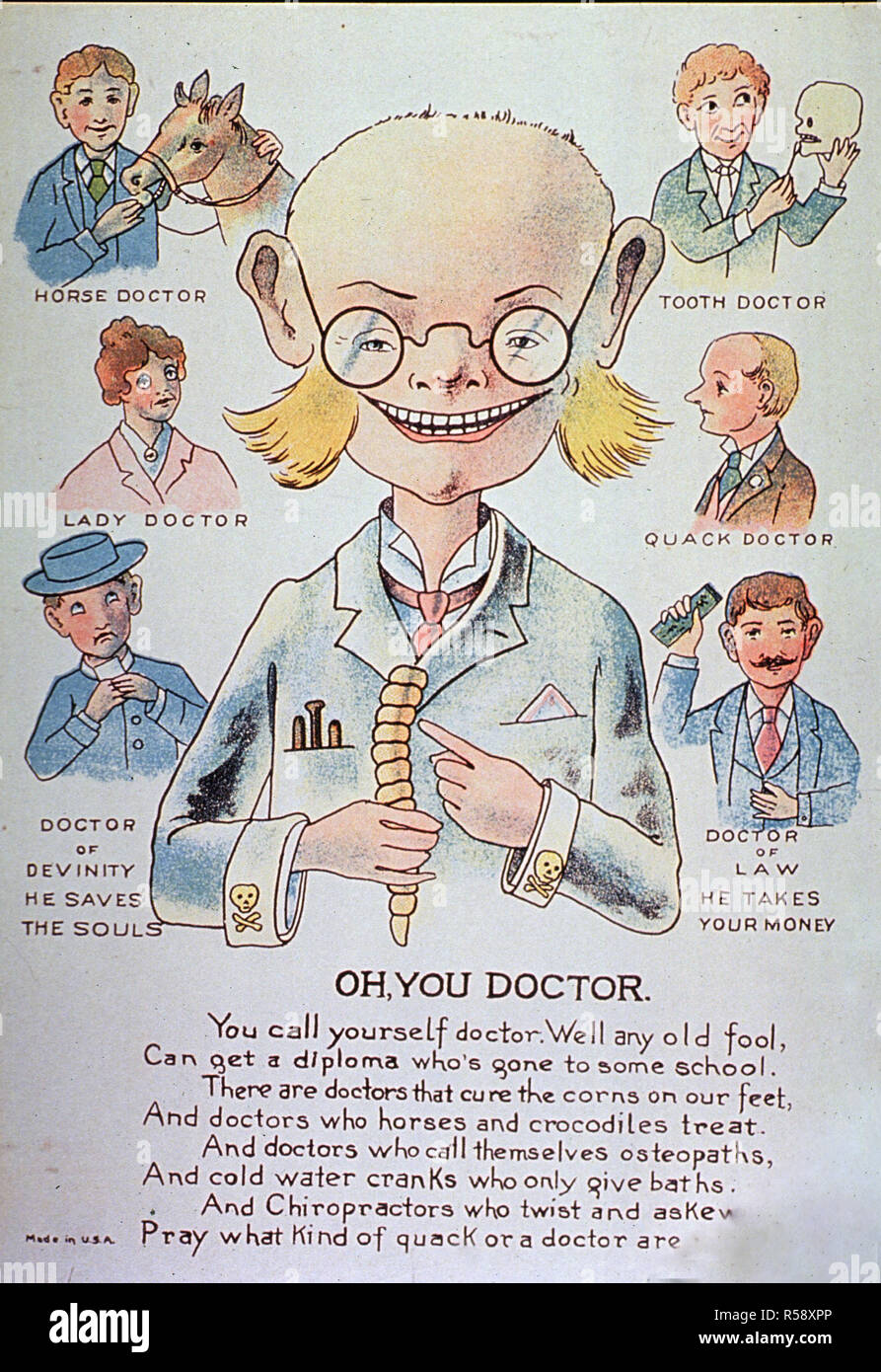 Half-length caricature of a doctor wearing glasses, holding a rattlesnake tail, and Death's Head on his cuffs, and surrounded by various types of doctors (i.e. dental, veterinary, quacks, women doctors, and law and divinity doctors) with a verse below. Stock Photo
