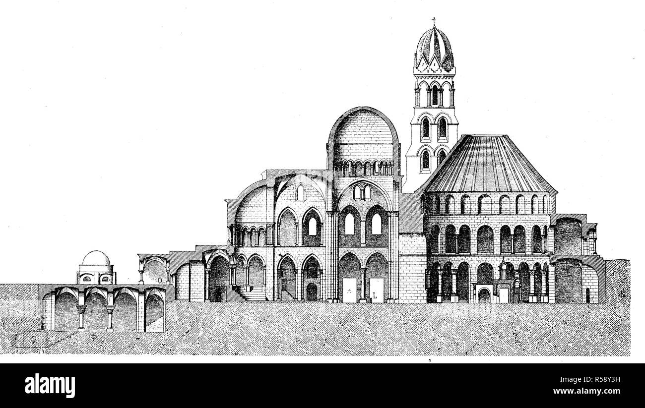 Digital improved reproduction, Church of the Holy Sepulchre at Jerusalem, Die Kirche des heiligen Grabes oder Grabeskirche in Jerusalem, 15th century, original print from th 19th century Stock Photo