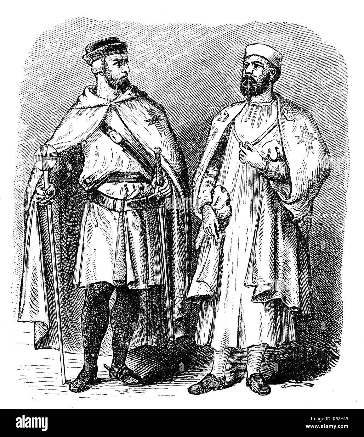 Digital improved reproduction, Templars, templar in warrior costume (left) and home costume (right), Templer, Tempelritter in Kriegstracht (links) und Haustracht (rechts), original print from th 19th century Stock Photo