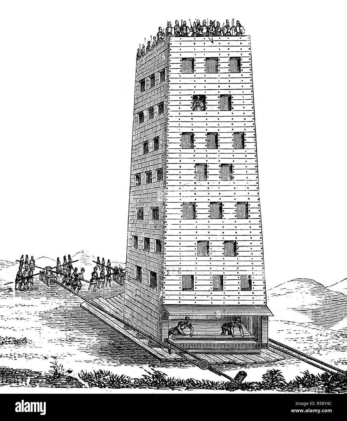 Digital improved reproduction, siege tower or breaching tower or siege engine from the time of the second crusade, Belagerungsturm, Wandelturm aus dem 2. Kreuzzug, original print from th 19th century Stock Photo