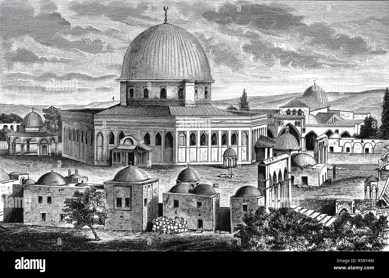 Digital improved reproduction, Al-Aqsa Mosque and Dome of the Rock, Die Moschee El Aksa, al-Aqsa-Moschee,  und Es Sakrah, Felsendom, Jerusalem, original print from th 19th century Stock Photo