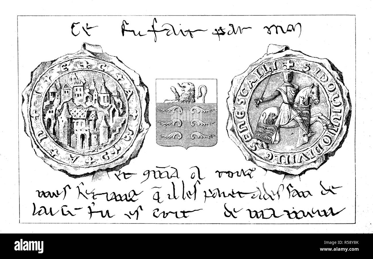Digital improved reproduction, seal, coat of arms and handwriting of Godfried of Joinville, from the time of the crusades, Siegel, Wappen und Handschrift von Gottfried von Joinville, aus der Zeit der KreuzzÃ¼ge, original print from th 19th century Stock Photo
