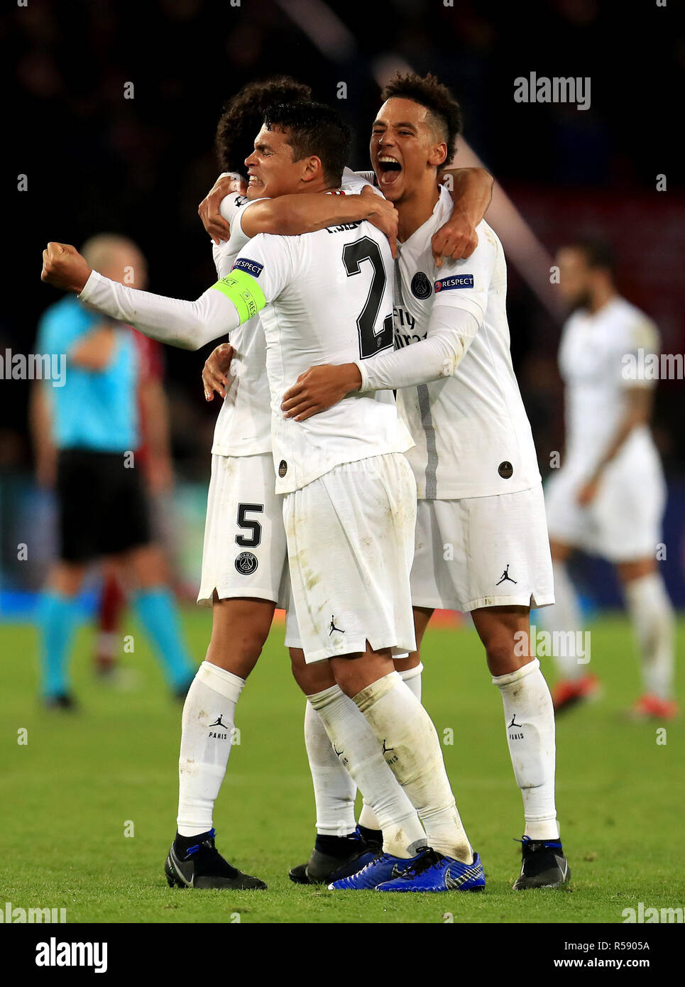 Paris Saint-Germain's Marquinhos (left), Thiago Silva (centre) and Thilo Kehrer (right) celebrate Stock Photo