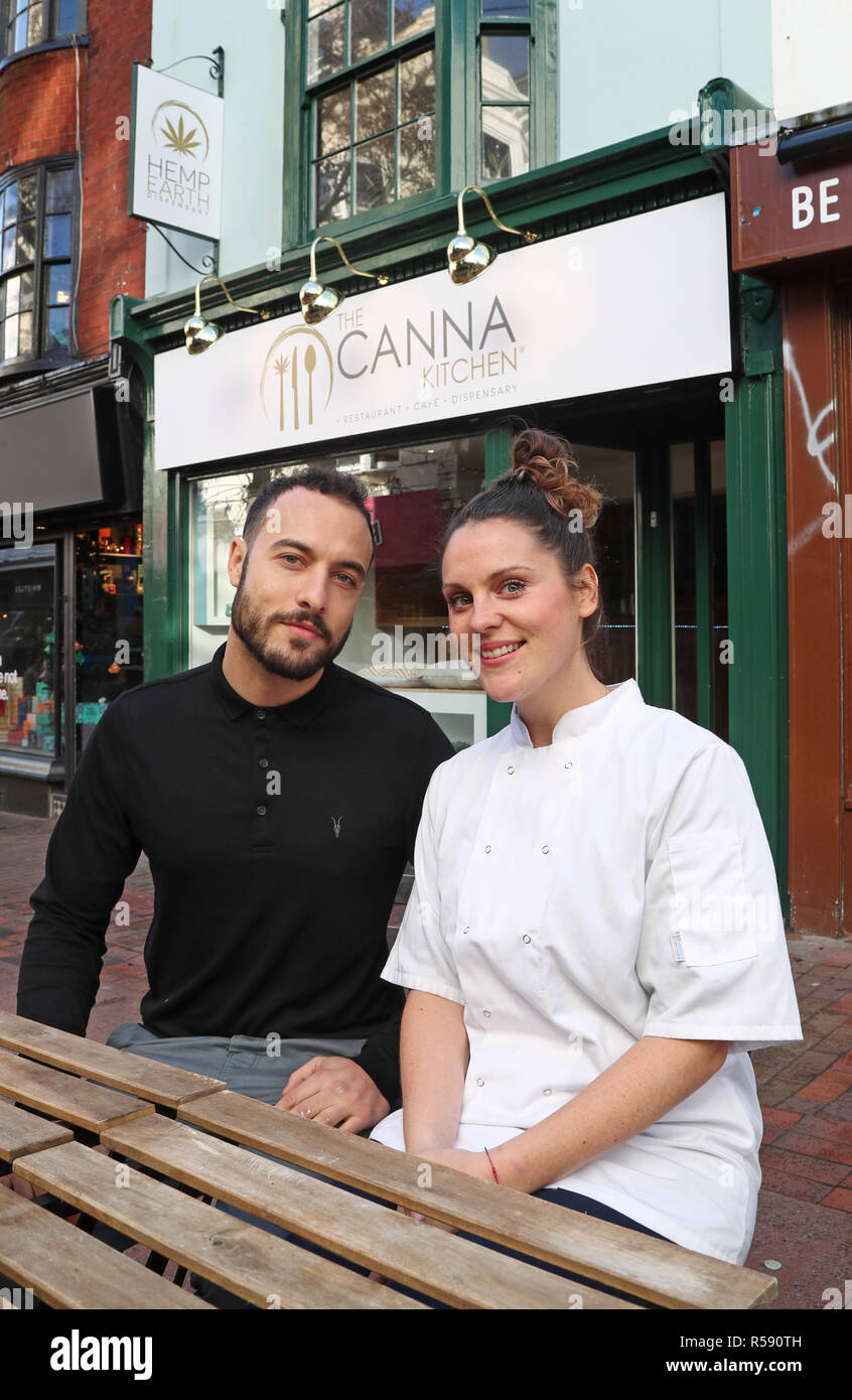 Sam Evolution, founder, and Charlotte Kjaer, head chef, outside The Canna Kitchen in Brighton, the UK's first cannabis infused restaurant, which is opening this weekend. Stock Photo
