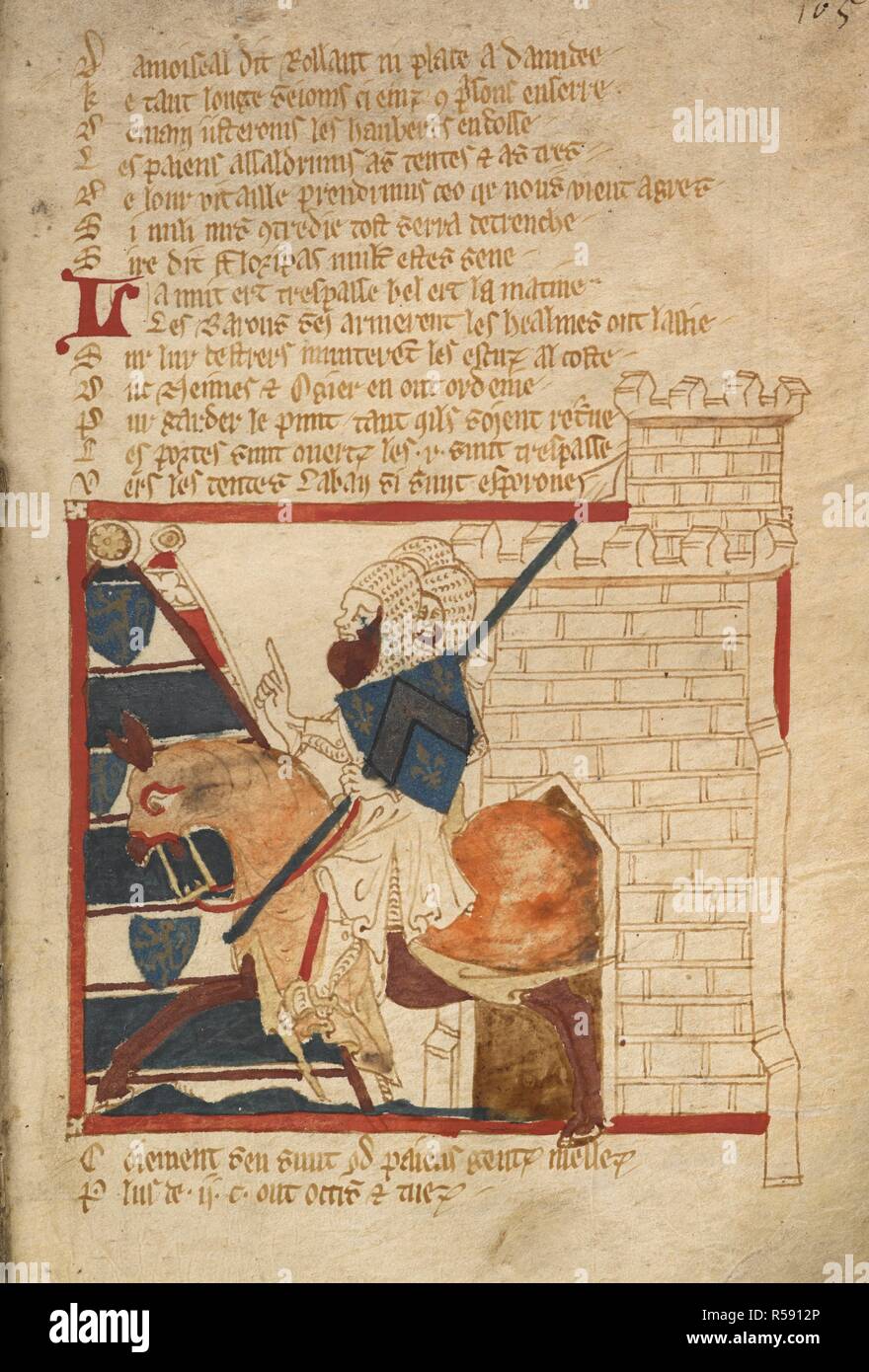 Sally of Oliver and the peers. ROMANCES in French verse ... 14th century. Source: Egerton 3028 f.105. Author: Wace, Canon of Bayeux. Stock Photo