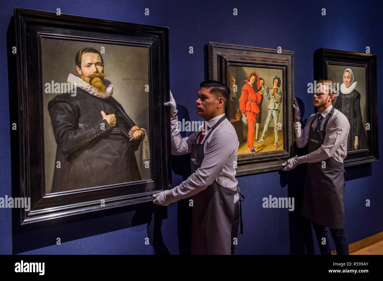 London, UK. 30th Nov 2018. A pair of portraits by Frans Hals to remain together in private hands: Portrait of a gentleman, aged 37 and Portrait of a lady, aged 36 (estimate: £8-12 million) - Classic week at Christies King Street. Credit: Guy Bell/Alamy Live News Stock Photo