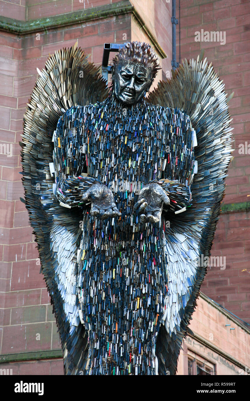 Liverpool, UK. 30 November 2018. 'The Knife Angel' is a 27 feet high sculpture composed of knives by the artist Alfie Bradley as a national monument against violence and aggression. It has been installed out Liverpool Cathedral and will remain in place until 31st January 2019. A memorial to those whose lives have been affected by knife crime, Alfie has designed and created the artwork single-handedly at the British Ironworks Centre. Credit: Premos/Alamy Live News Stock Photo