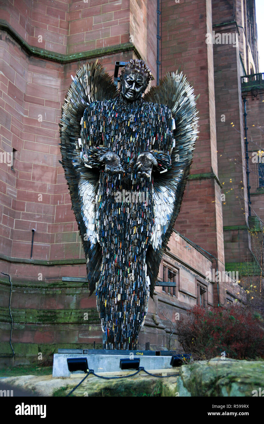 Liverpool, UK. 30 November 2018. 'The Knife Angel' is a 27 feet high sculpture composed of knives by the artist Alfie Bradley as a national monument against violence and aggression. It has been installed out Liverpool Cathedral and will remain in place until 31st January 2019. A memorial to those whose lives have been affected by knife crime, Alfie has designed and created the artwork single-handedly at the British Ironworks Centre. Credit: Premos/Alamy Live News Stock Photo