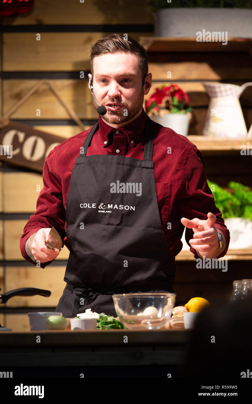 Birmingham, UK. 30th Nov, 2018. Dan Doherty on the seasonal Kitchen stage dooing a cooking demo hosted by Chris Bavin Credit: steven roe/Alamy Live News Stock Photo