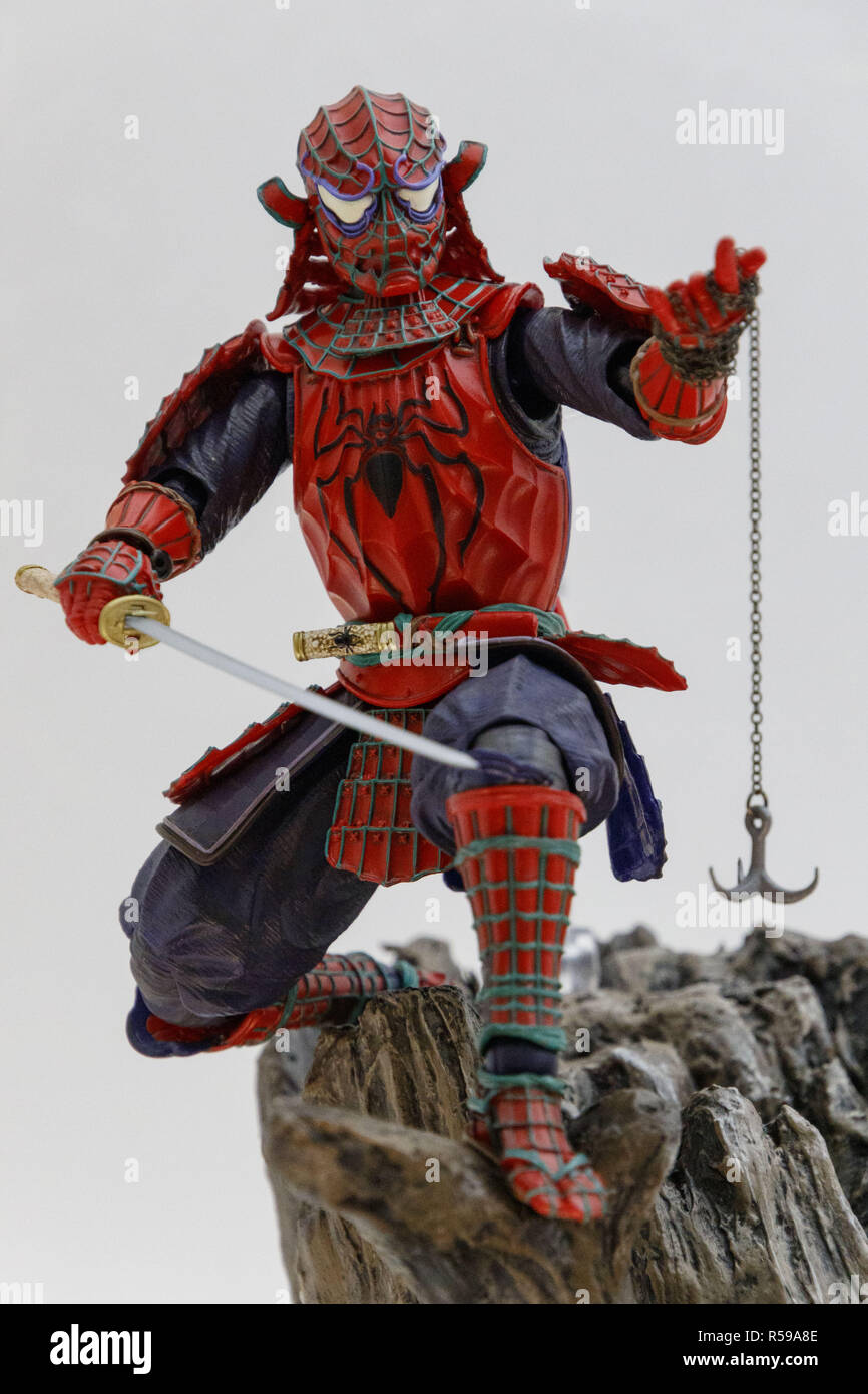 Chiba, Japan. 30th Nov, 2018. An action figure of Samurai Spider-Man on display during the Tokyo Comic Con 2018 at Makuhari Messe International Exhibition Hall in Chiba. Organizers expect approx. 50,000 visitors during the third annual edition of Tokyo Comic Con which is taking place from November 30 to December 2. Credit: Rodrigo Reyes Marin/ZUMA Wire/Alamy Live News Stock Photo