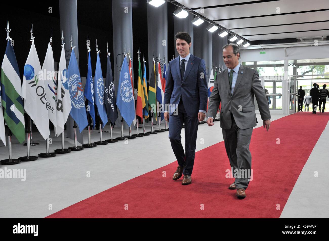 Buenos Aires, Argentina. 30th Nov, 2018. Canadian Prime Minister Justin Trudeau, left, arrives for the start of the G20 Summit meeting at the Costa Salguero Center November 30, 2018 in Buenos Aires, Argentina. Credit: Planetpix/Alamy Live News Stock Photo