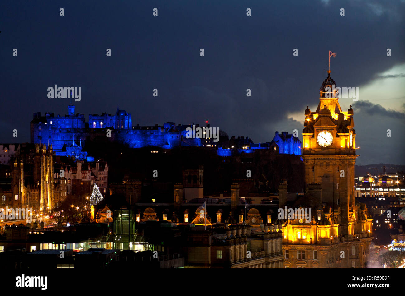 Edinburgh, Scotland, UK. 30th Nov, 2018. Edinburgh Castle suitably dressed to celebrate St Andrew's night by lighting its walls and ramparts with blue floodlights. Stock Photo