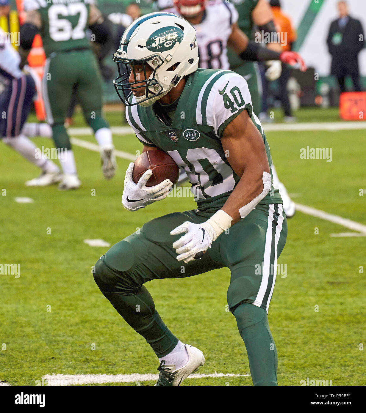 East Rutherford, New Jersey, USA. 25th Nov, 2018. New York Jets running  back Trenton Cannon (40) during a NFL game between the New England Patriots  and the New York Jets at MetLife