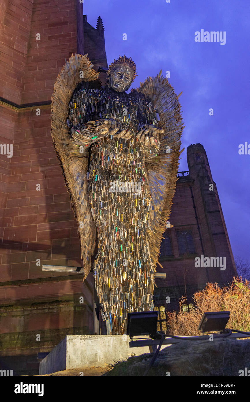 Liverpool, United Kingdom. 30th Nov, 2018. The Knife Angel is a national monument against violence and aggression and aims to show the impact knife crime has on people's lives It now stands outside the Anglican Cathedral Merseyside where more than 900 crimes involving knives were recorded last year. The 27-foot sculpture is made up of more than 100,000 weapons confiscated from 43 police forces across the country and was created by artist Alfie Bradley at the British Ironwork Centre in Oswestry, Shropshire. Credit: John Davidson/Alamy Live News Stock Photo