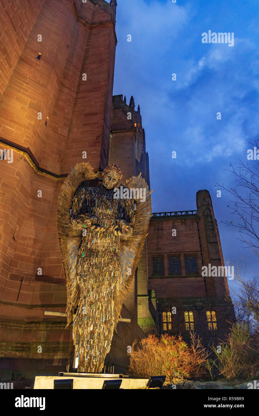 Liverpool, United Kingdom. 30th Nov, 2018. The Knife Angel is a national monument against violence and aggression and aims to show the impact knife crime has on people's lives It now stands outside the Anglican Cathedral Merseyside where more than 900 crimes involving knives were recorded last year. The 27-foot sculpture is made up of more than 100,000 weapons confiscated from 43 police forces across the country and was created by artist Alfie Bradley at the British Ironwork Centre in Oswestry, Shropshire. Credit: John Davidson/Alamy Live News Stock Photo