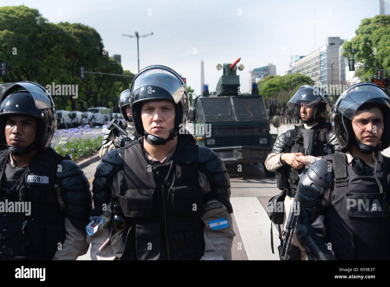 Buenos Aires, Argentina. 30th Nov, 2018. Security guards are standing in front of the obelisk in the boulevard 9 de Julio. Protests against the G20 summit are expected there. On the summit days, 25,000 policemen and soldiers are deployed in the Argentine capital. Credit: Carlos Brigo/dpa/Alamy Live News Stock Photo