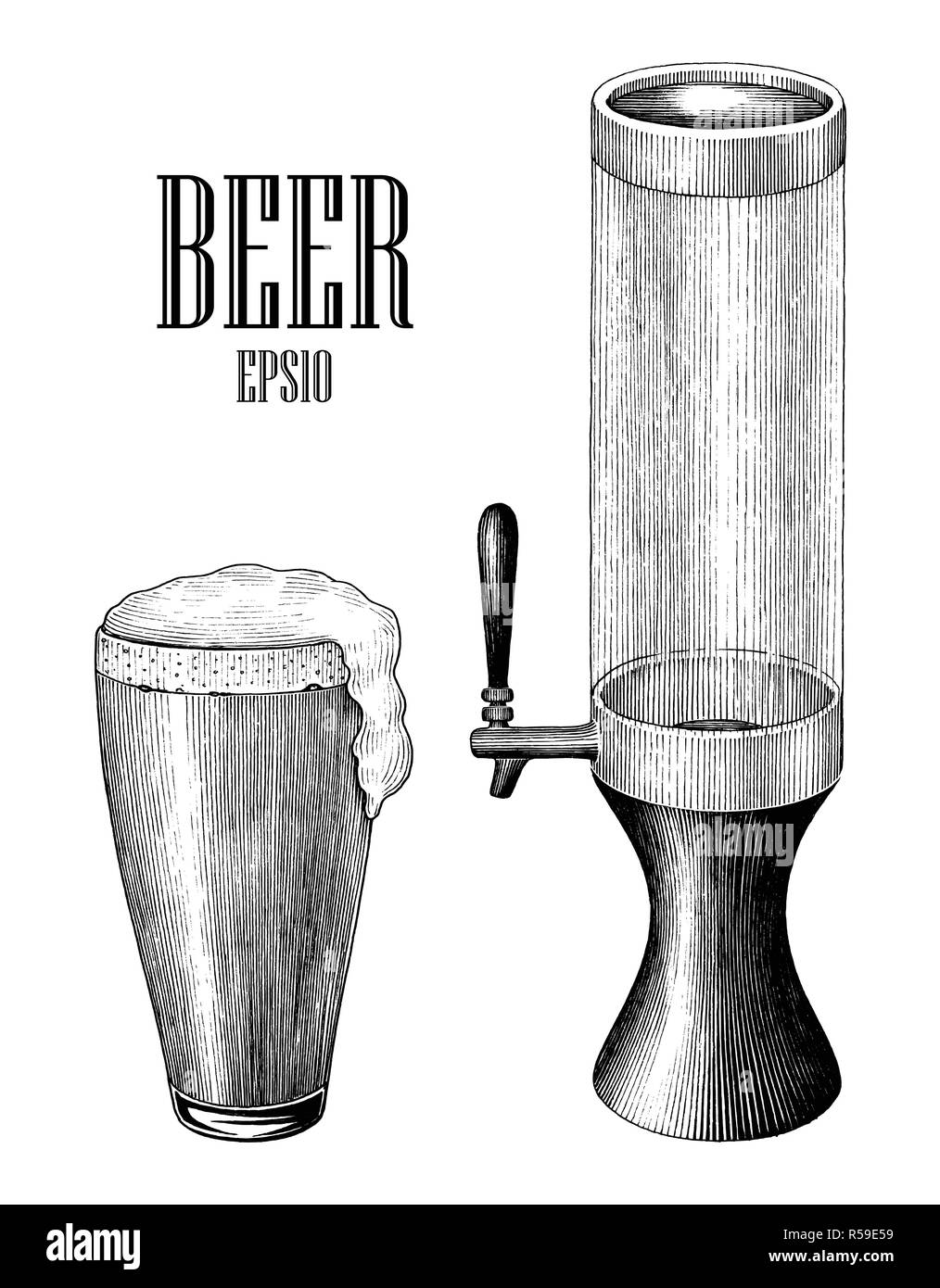 Beer mug and beer tower vintage hand draw engraving style isolated on