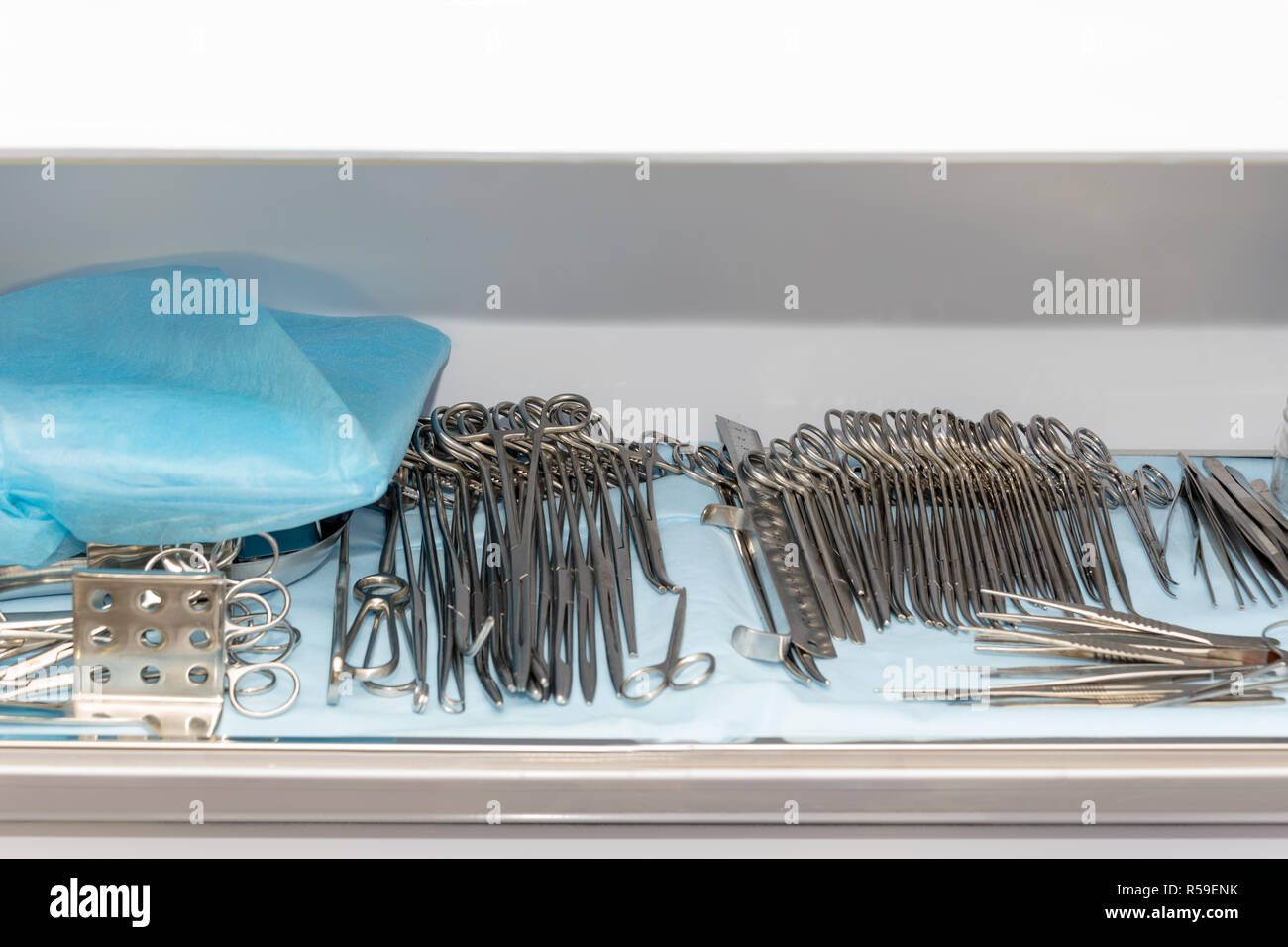 Sterile surgeon instruments. Steel surgery tools ready for use Stock