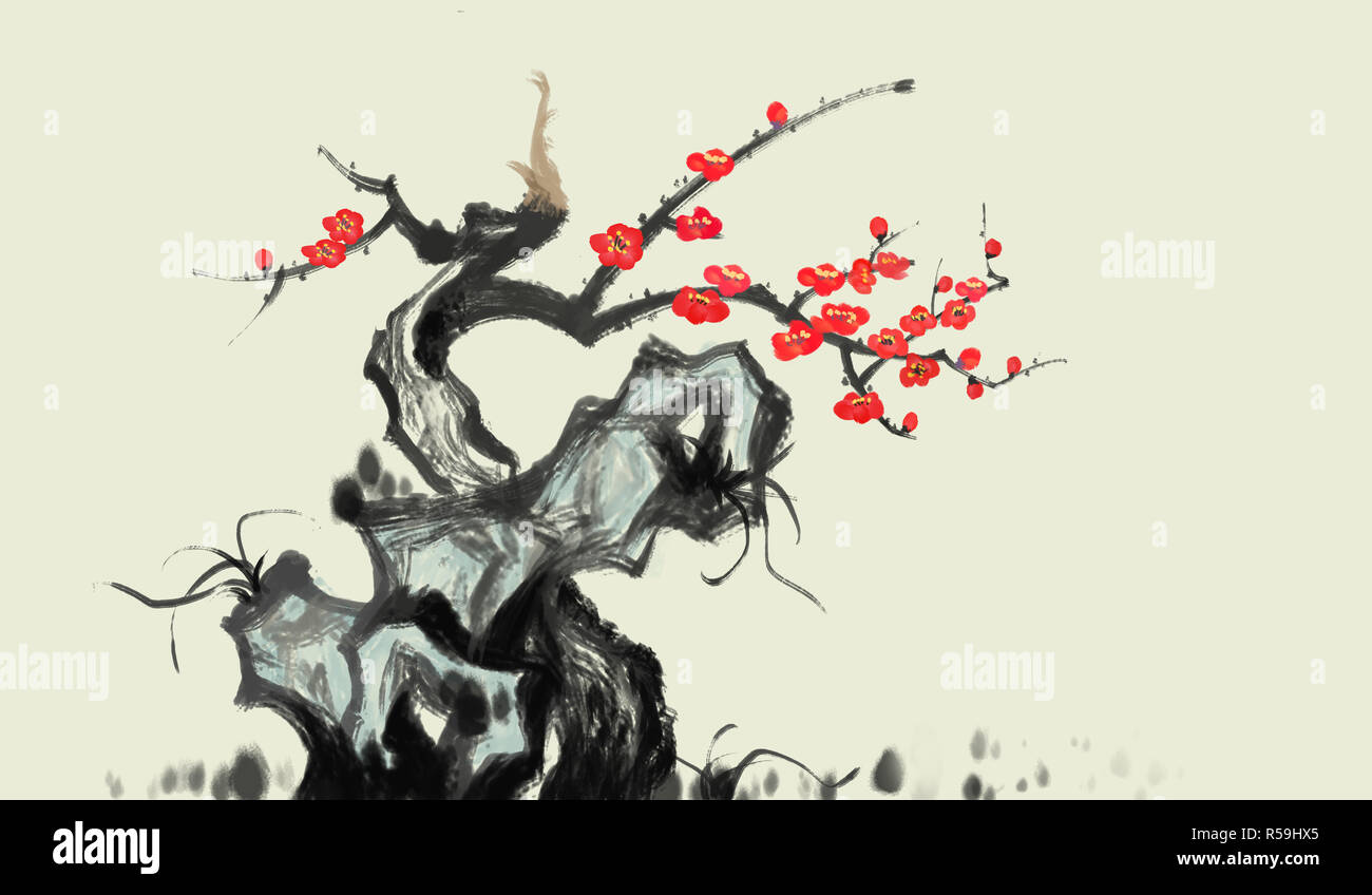 Stone plum Chinese painting Stock Photo