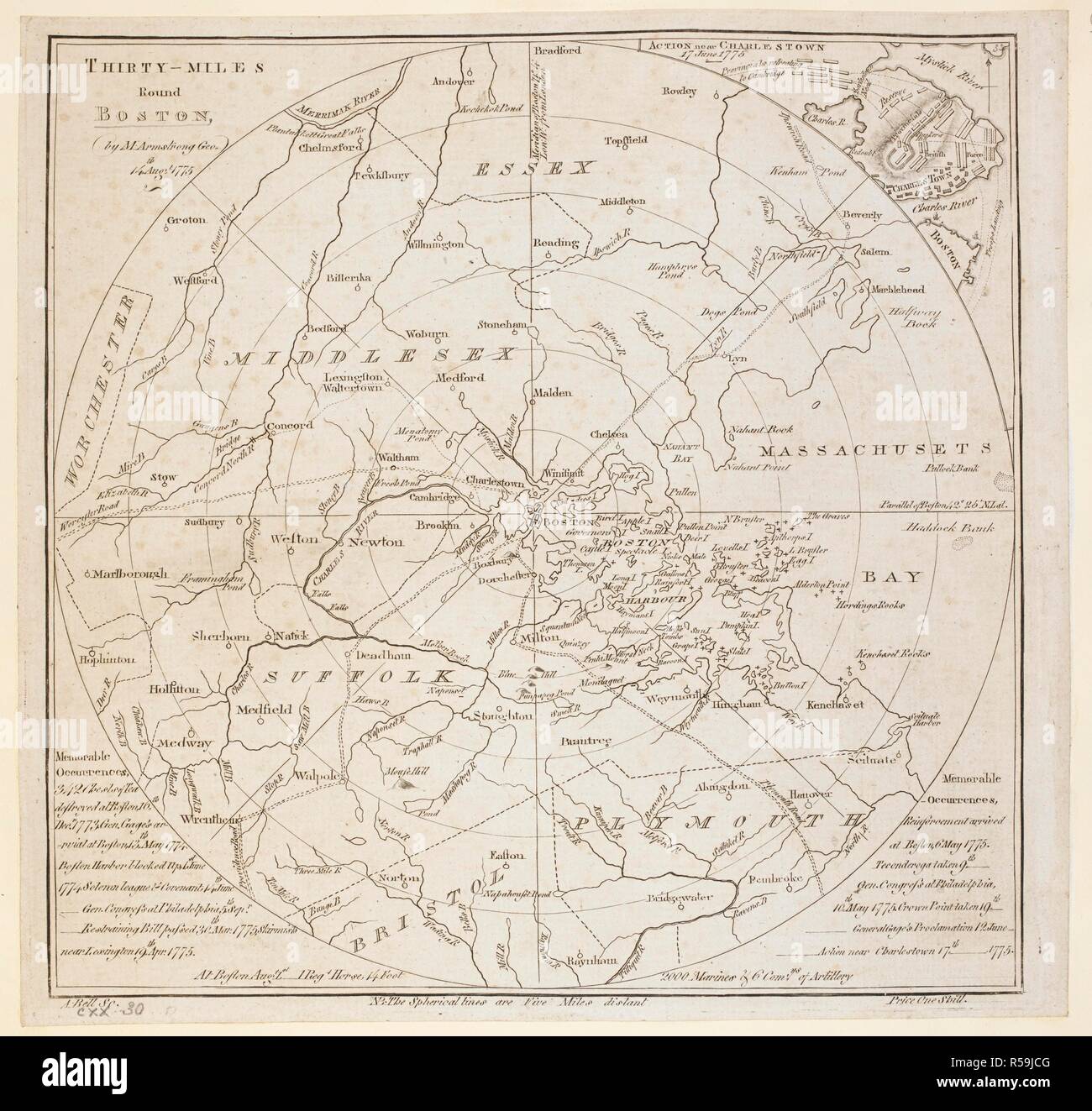 A map showing an area of thirty miles around Boston. THIRTY-MILES Round BOSTON. [Edinburgh] : by M. Armstrong Geo., 14th Augst. 1775. Source: Maps K.Top.120.30. Language: English. Stock Photo