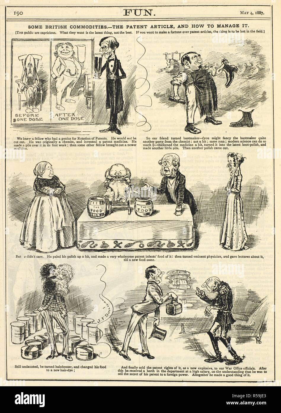 'Some British commodities - The patent article and how to manage it'. (The public are capricious. What they want is the latest thing, not the best. If you want to make a fortune over patent articles, the thing is to be the last in the field.) A cartoon on the fickle nature of the Victorian consumer. May 4, 1888. Source: P.P.5273.c page 190. Stock Photo