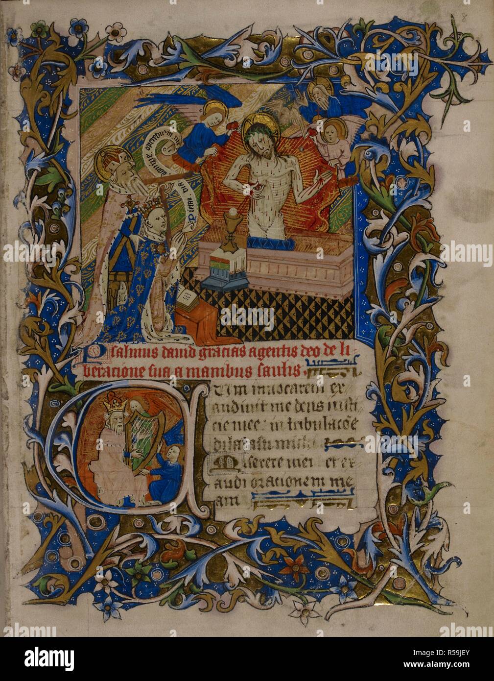 Commendation scene. Alban holding a Tau-cross, presenting a kneeling young king (perhaps Henry VI) with a scroll. Figure of Christ. Selection of psaolms, litanies and prayers for Humphey (Humfrey) of Gloucester. England, c. 1420 - c. 1440. Source: Royal 2 B. I, f.8. Stock Photo