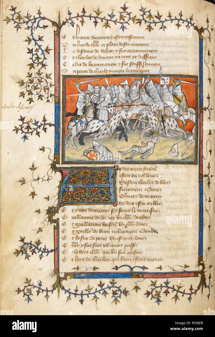 Bertrand Du Guesclin fighting at the battle of Auray. Mounted soldiers in armour with axes and swords. The trappings on the horses and shields are decorated with heraldic emblems. Text with decorated initial 'A'. Life of Bertrand Du Guesclin. France [probably Paris]; circa 1400. Source: Yates Thompson 35, f.90v. Language: French. Author: CUVILIER, JEAN. Stock Photo