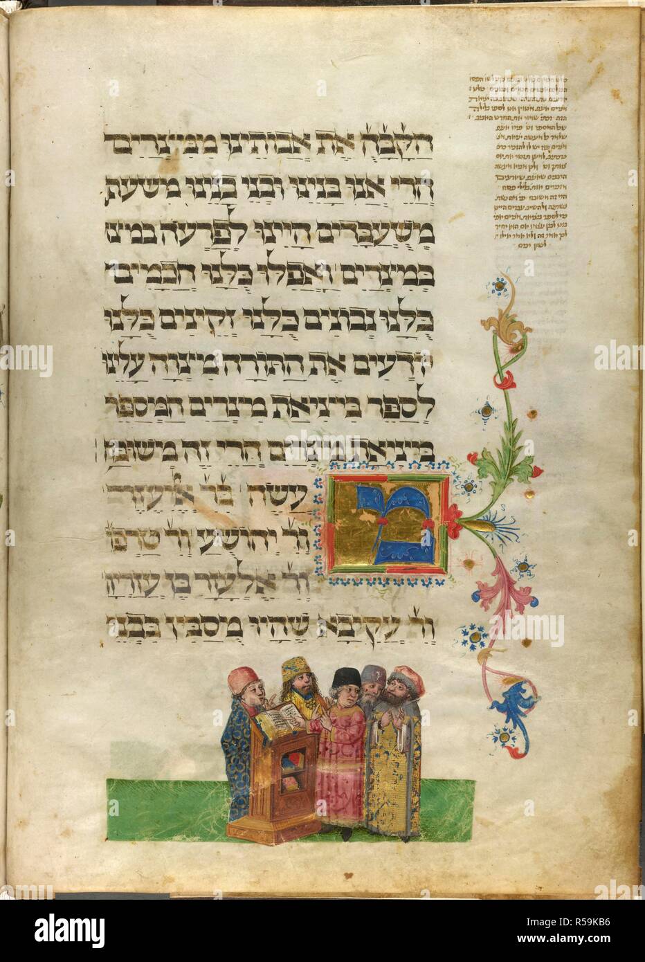 Five Rabbis at Bnei Brak. The Ashkenazi Haggadah (Feibusch Haggadah). South Germany, c.1460-1475. Five Rabbis at Bnei Brak. Vellum manuscript.  Image taken from The Ashkenazi Haggadah (Feibusch Haggadah).  Originally published/produced in South Germany, c.1460-1475. . Source: Add. 14762, f.7v. Language: Hebrew. Author: Feibusch, Joel ben Simeon. Stock Photo