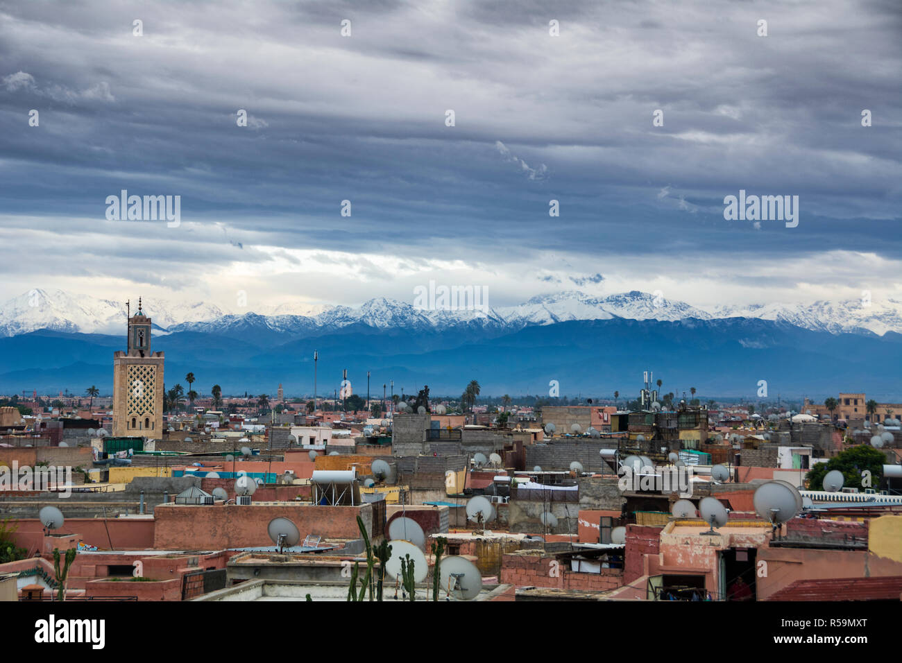 Marrakesh city skyline with backdrop of Atlas mountains Stock Photo