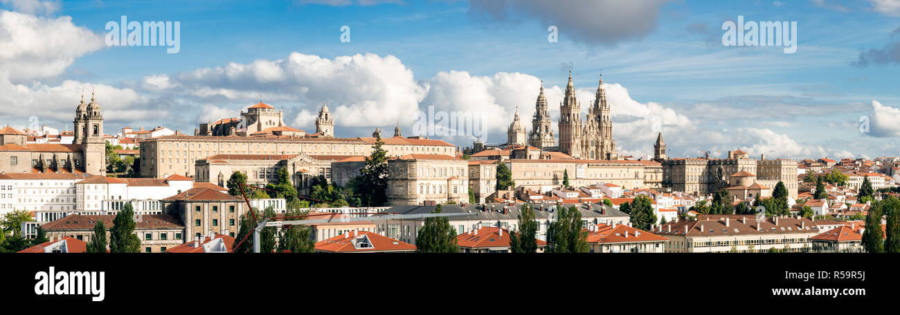 Santiago de Compostela wide panoramic view High resolution. Destiny of the way of St. James. Pilgrimage. UNESCO World Heritage Site Stock Photo