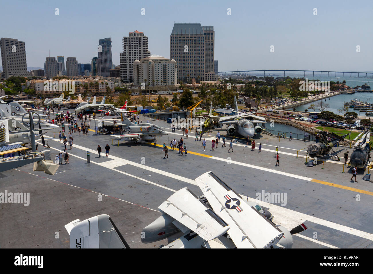 General view across the flight deck of the USS Midway Museum, San Diego Bay, California, United States Stock Photo