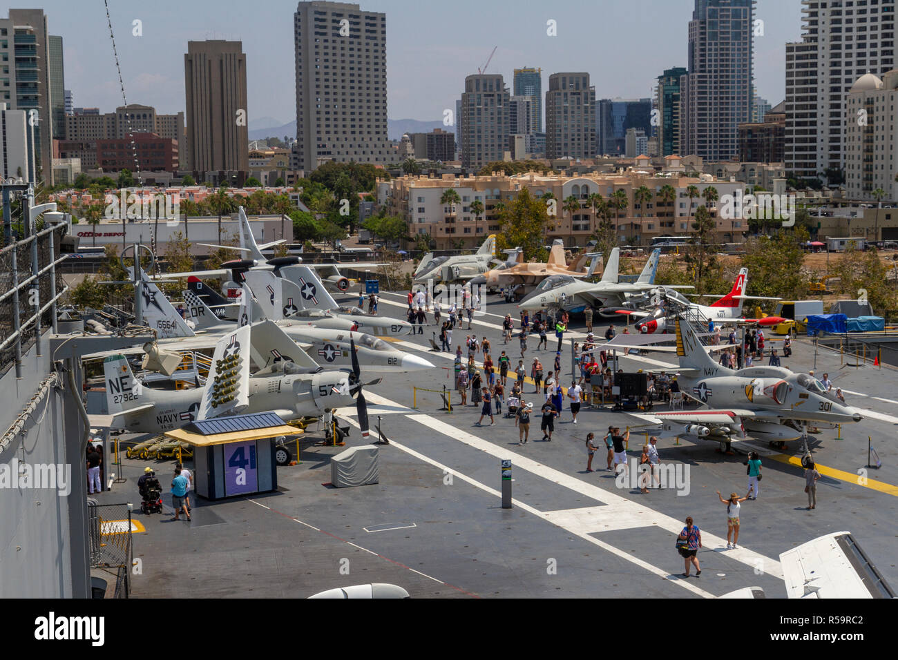 General view across the flight deck of the USS Midway Museum, San Diego Bay, California, United States Stock Photo