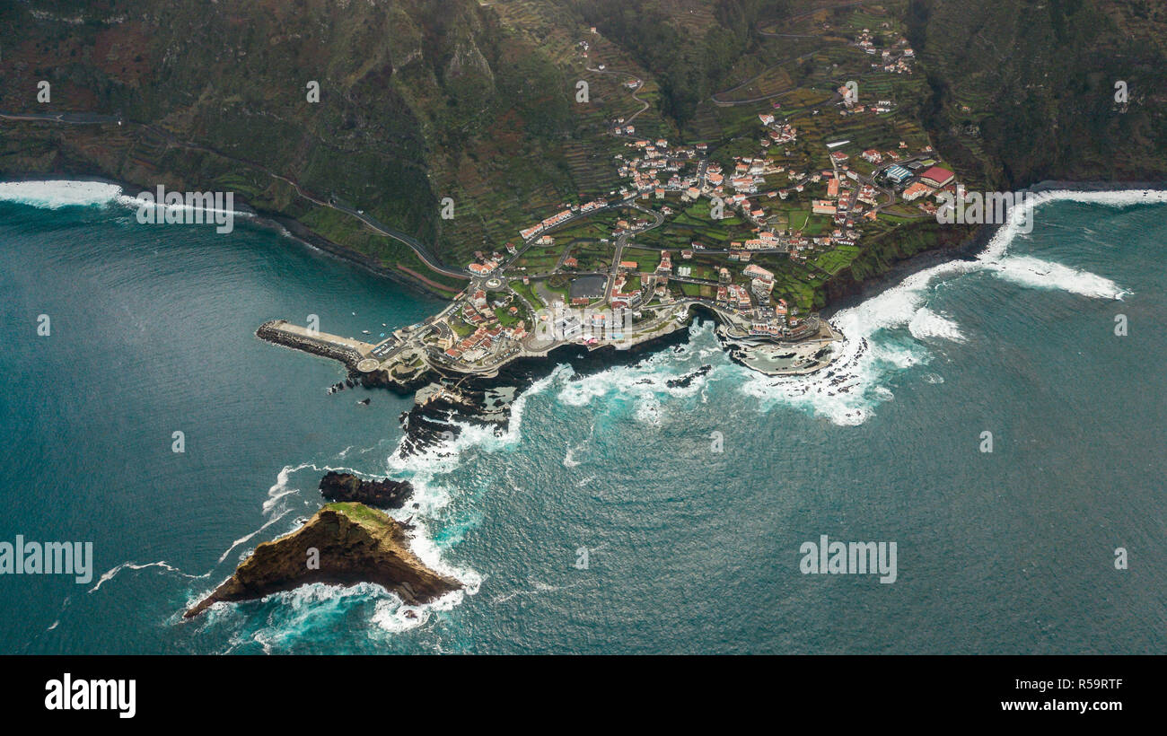 Drone aerial view of the village of Porto Moniz, Madeira Island, Portugal Stock Photo