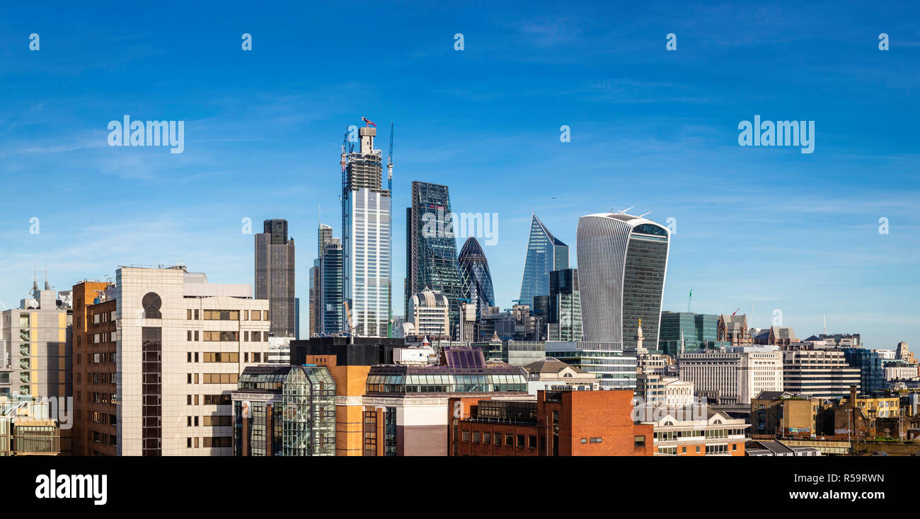 Panoramic view of the historic City of London financial district including 20 Fenchurch Street, the skyscraper in London nicknamed 'The Walkie-Talkie' Stock Photo