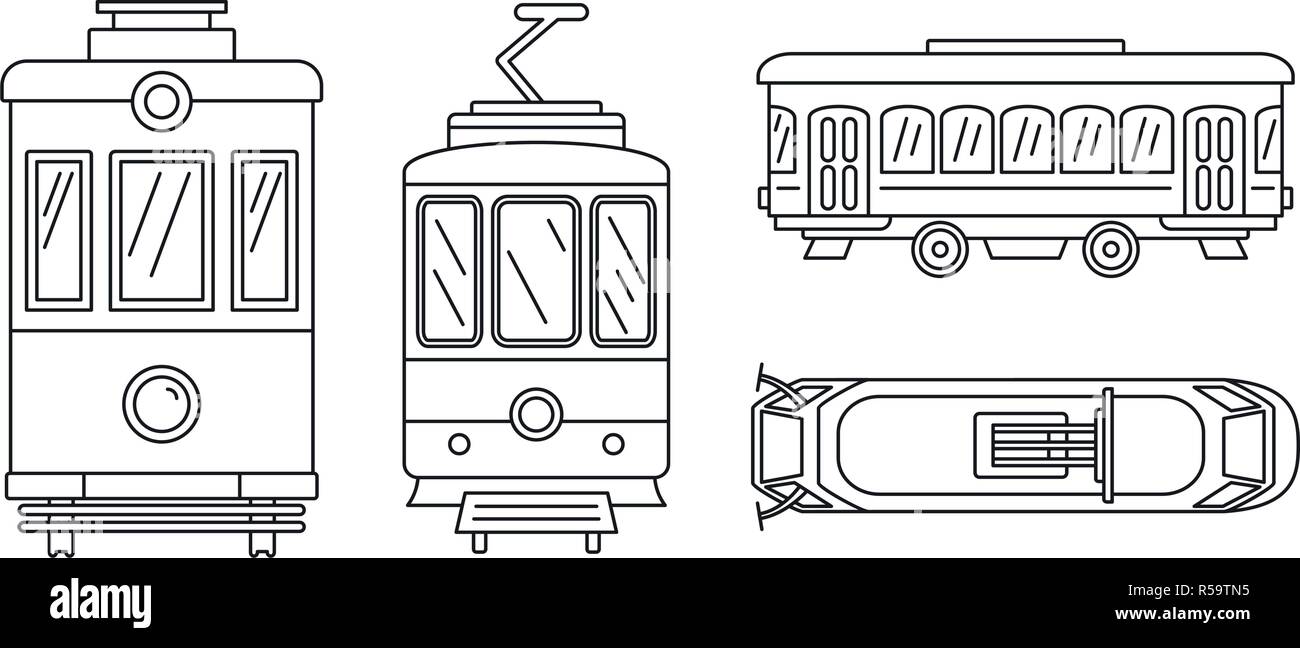 Tramway icon set. Outline set of tramway vector icons for web design isolated on white background Stock Vector