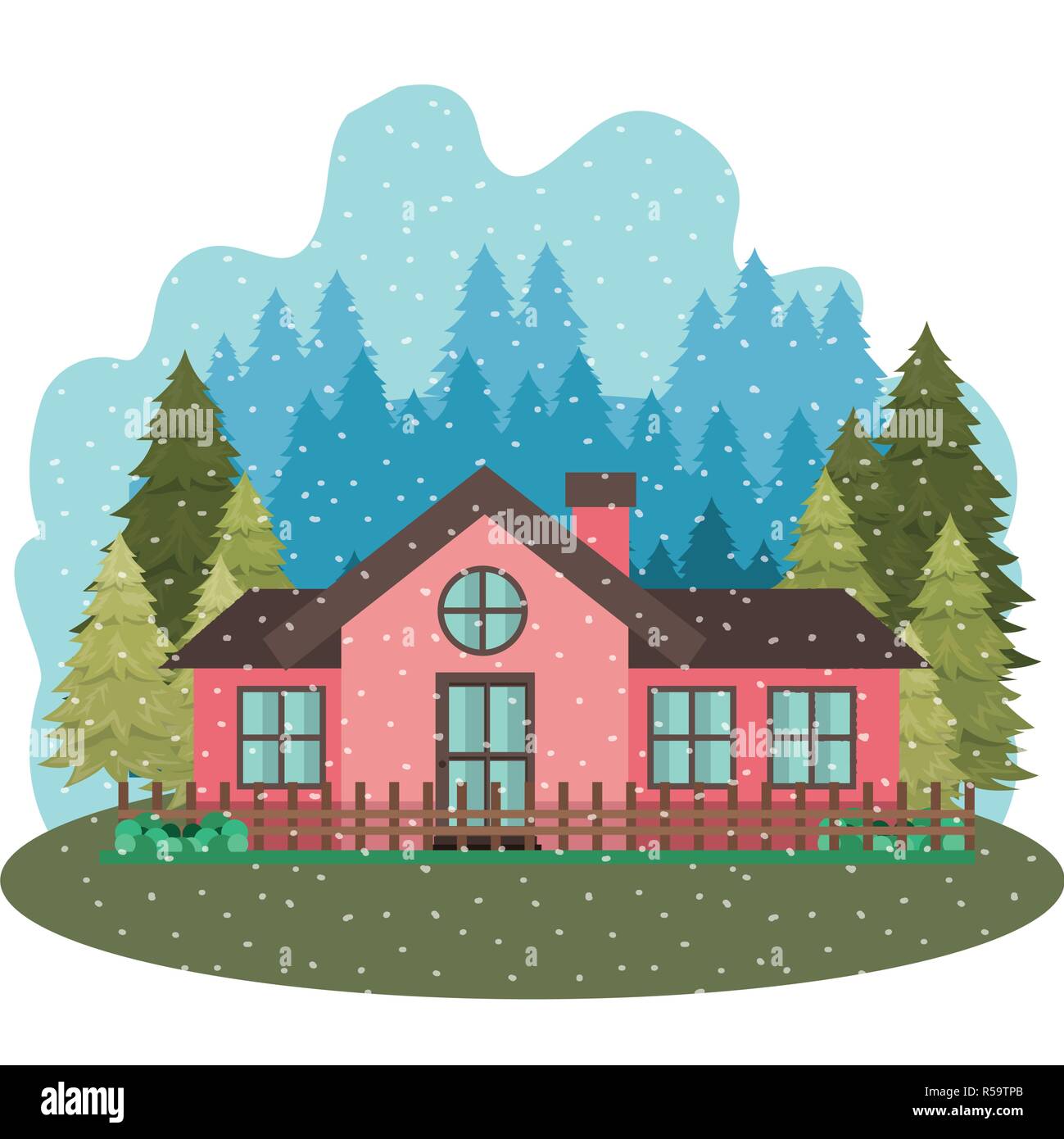 house with garden pine trees and snow falling Stock Vector Image & Art ...