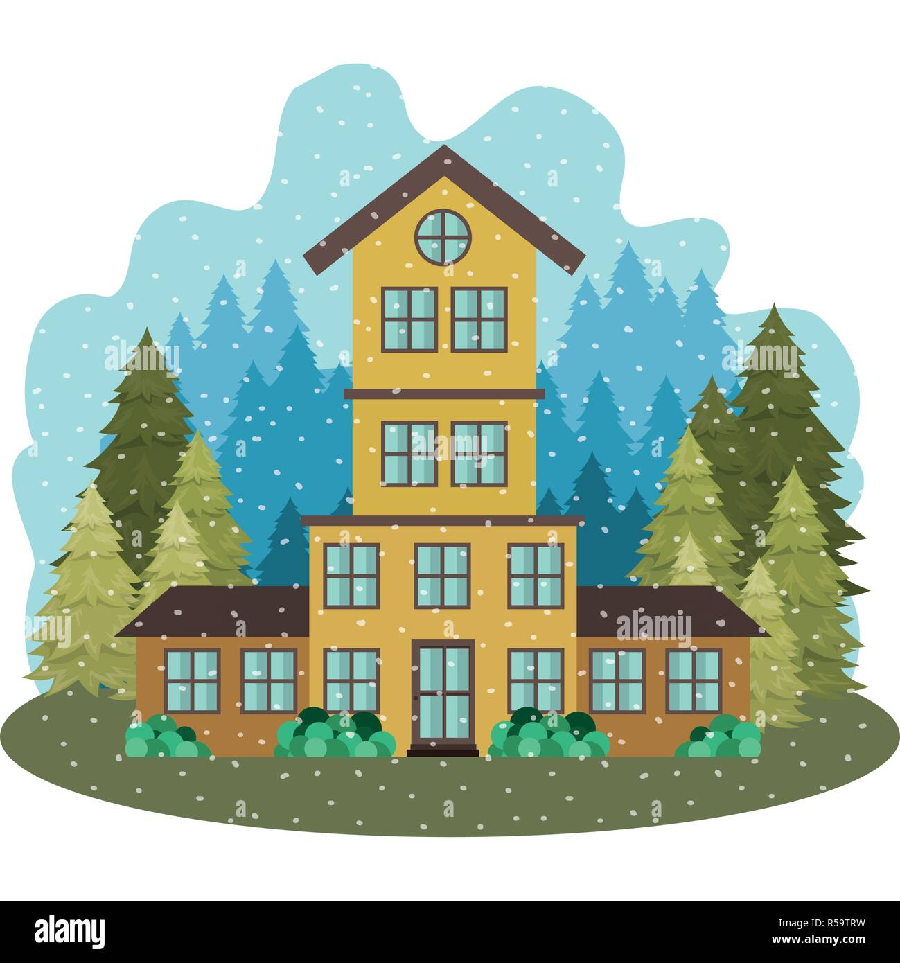 house with garden pine trees and snow falling Stock Vector Image & Art ...