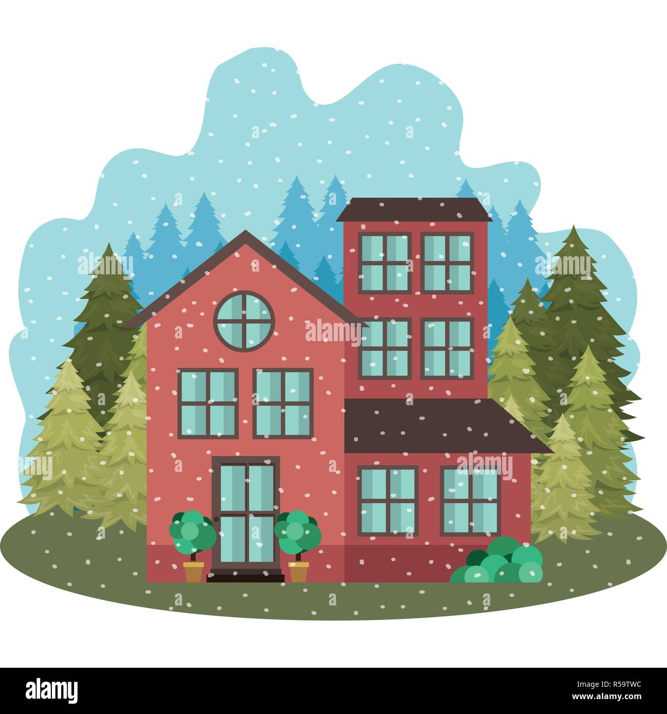 house with garden pine trees and snow falling Stock Vector Image & Art ...